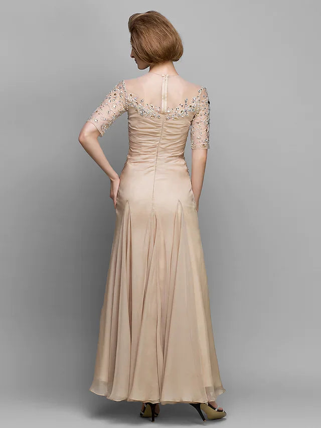 Wholesale A-Line Mother of the Bride Dress Vintage Inspired Jewel Neck Ankle Length Chiffon Half Sleeve with Ruched Beading